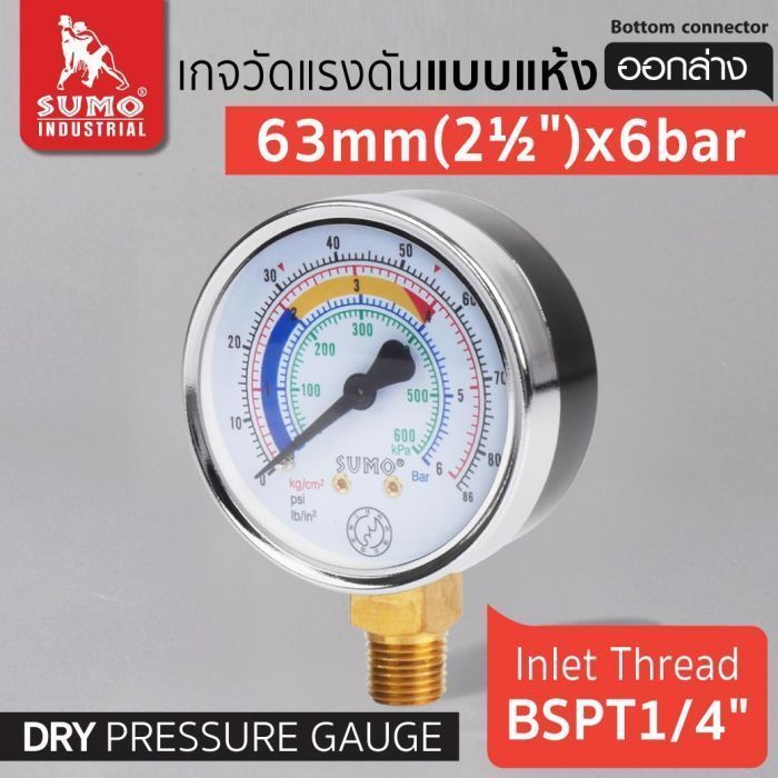 เกจวัดแรงดัน แบบแห้ง 63mm.x6barx1/4" ออกล่าง