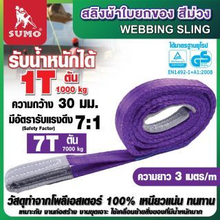 สลิงผ้าใบ 1 ตัน สีม่วง ยาว 3 เมตร SUMO มีห่วงหัวท้าย