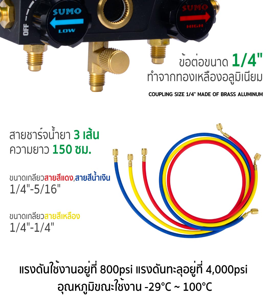 เกจน้ำยาแอร์ 80 มม. รุ่น PMG080 SUMO สาย 3 เส้น