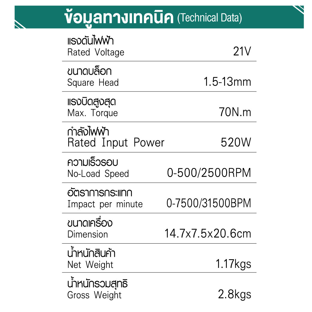 ข้อมูลทางเทคนิค สว่านกระแทกไร้สาย 21V รุ่น HDD2070 SUMO