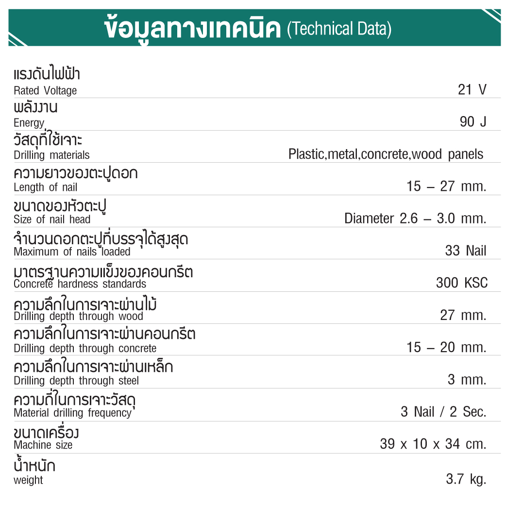 ปืนยิงตะปูคอนกรีตไร้สาย รุ่น CN27 SUMO ข้อมูลทางเทคนิค ความลึกในการเจาะ