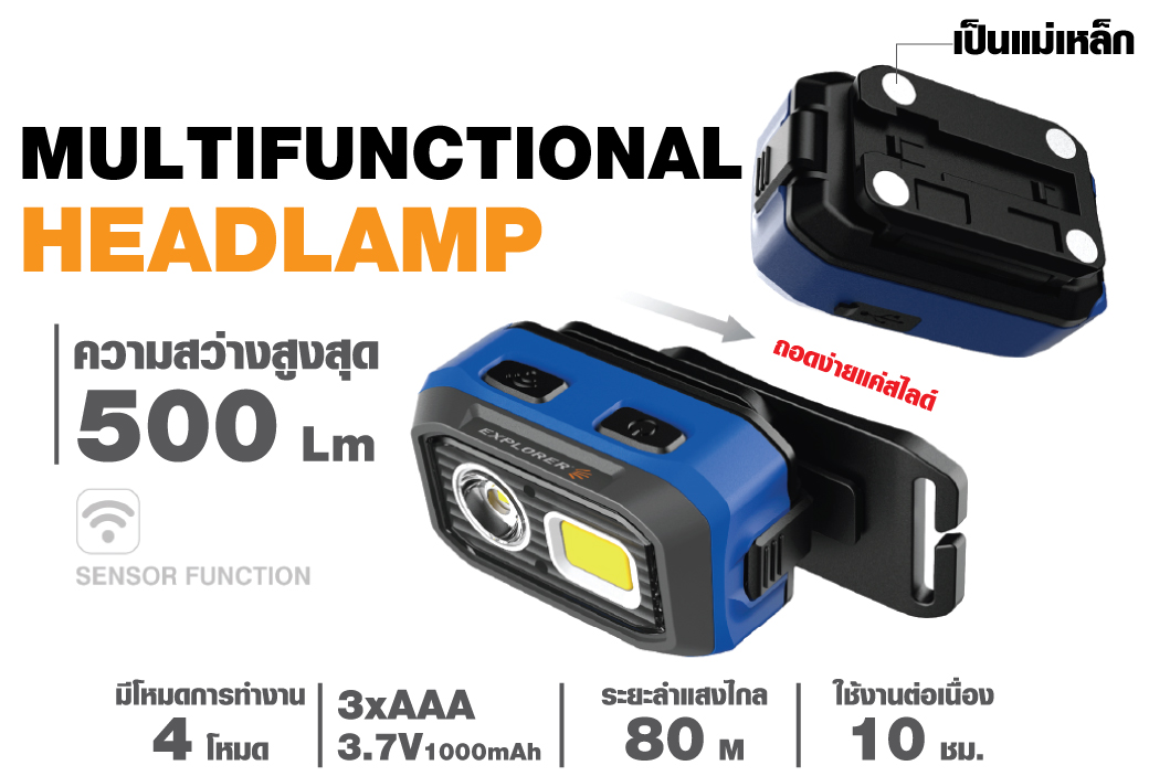 ไฟคาดหัว ไฟฉายเดินป่า รุ่น ES500 YAMADA ใช้งานต่อเนื่อง 10 ชม.
