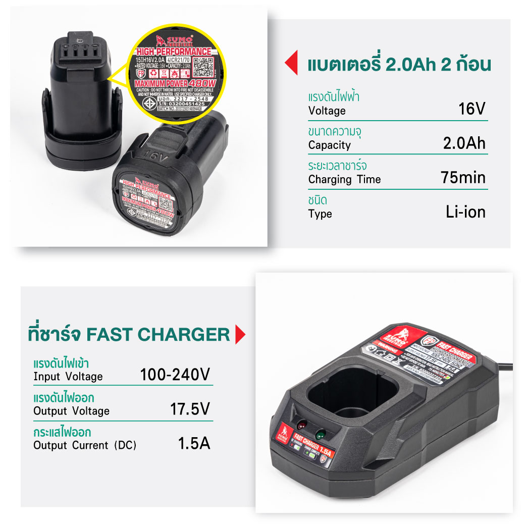 สว่านกระแทกแบตเตอรี่ 3 ระบบ รุ่น ID1609 SUMO แถมแบตเตอรี่ 16V 20Ah