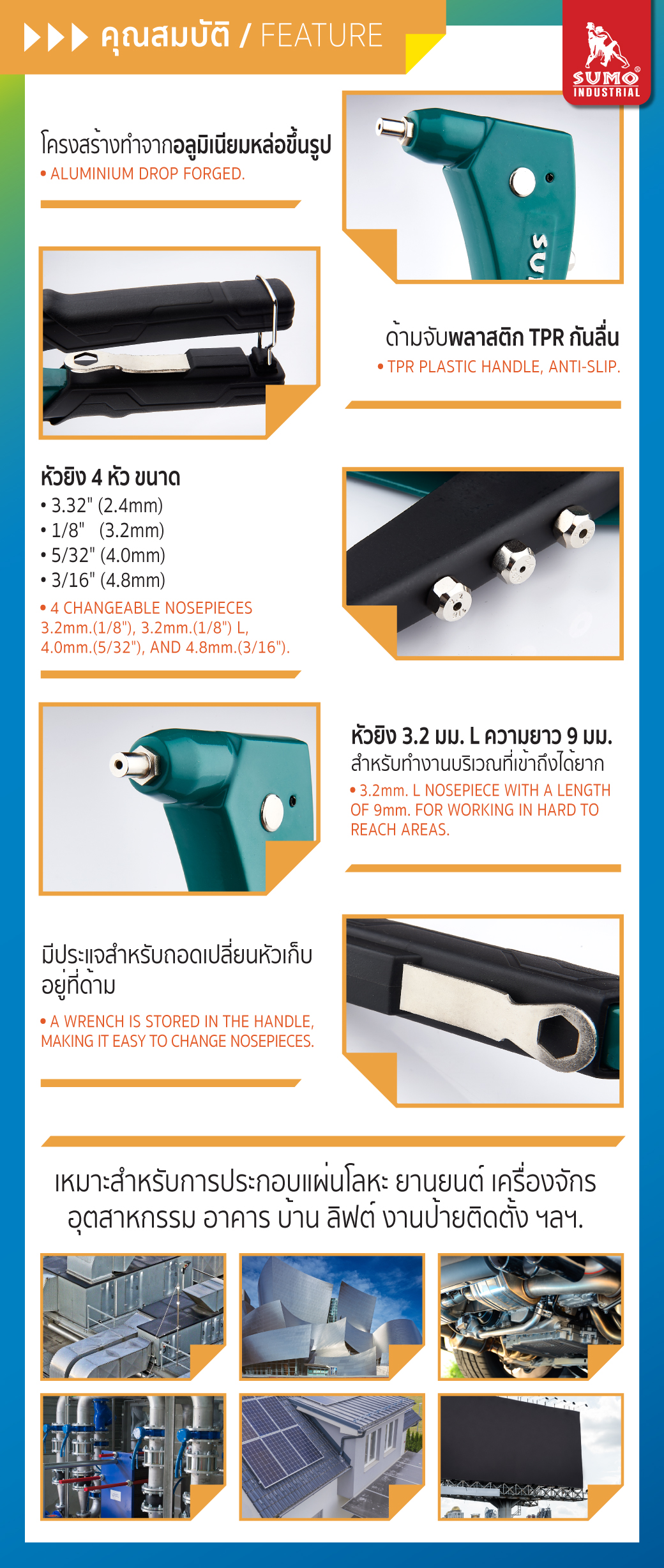 คุณสมบัติผลิตภัณฑ์ คีมย้ำรีเวท 10.5 นิ้ว รุ่น 1050 SUMO