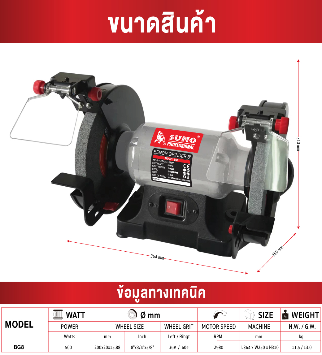 มอเตอร์หินเจียร 8 นิ้ว รุ่น BG8 SUMO 500W