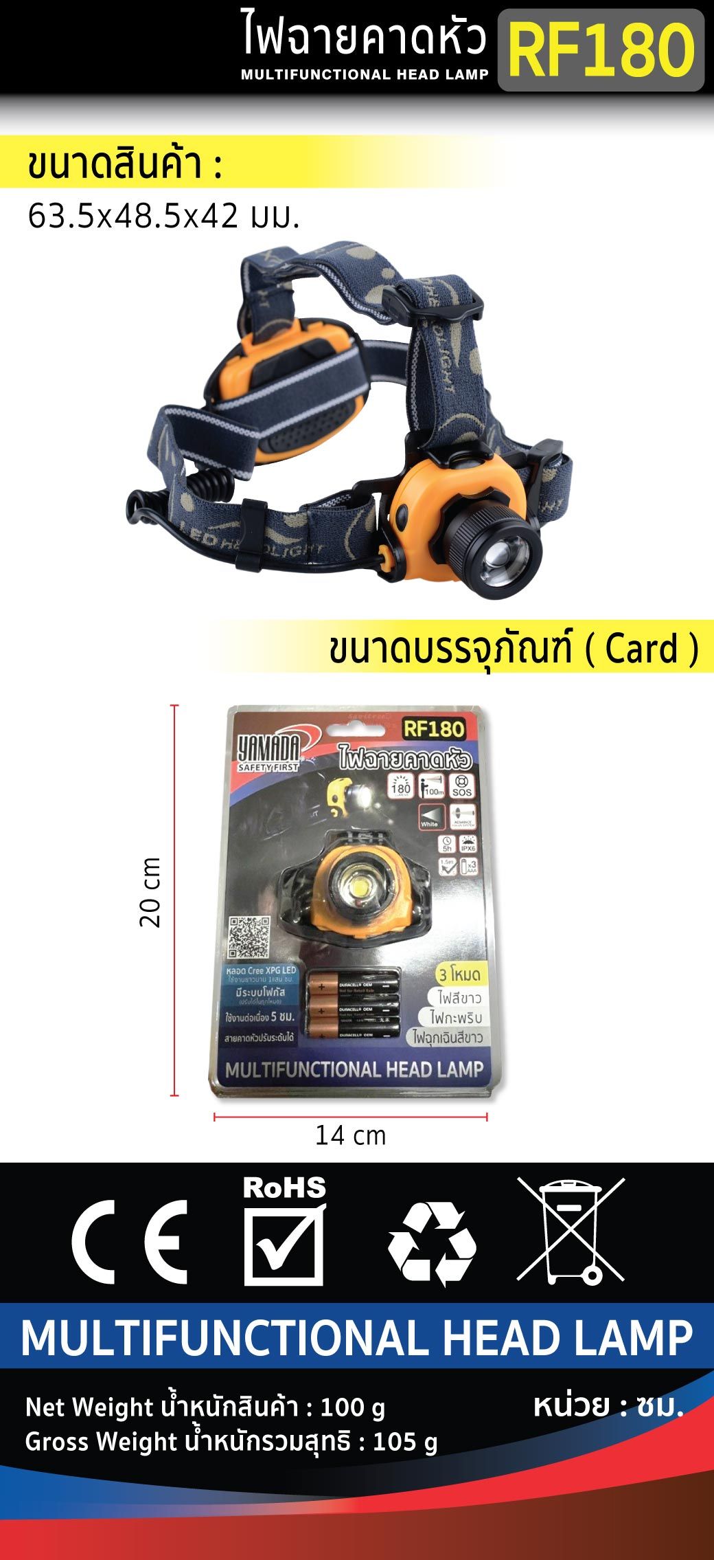 ไฟฉายคาดหัว คุณภาพสูง YAMADA หลอด LED