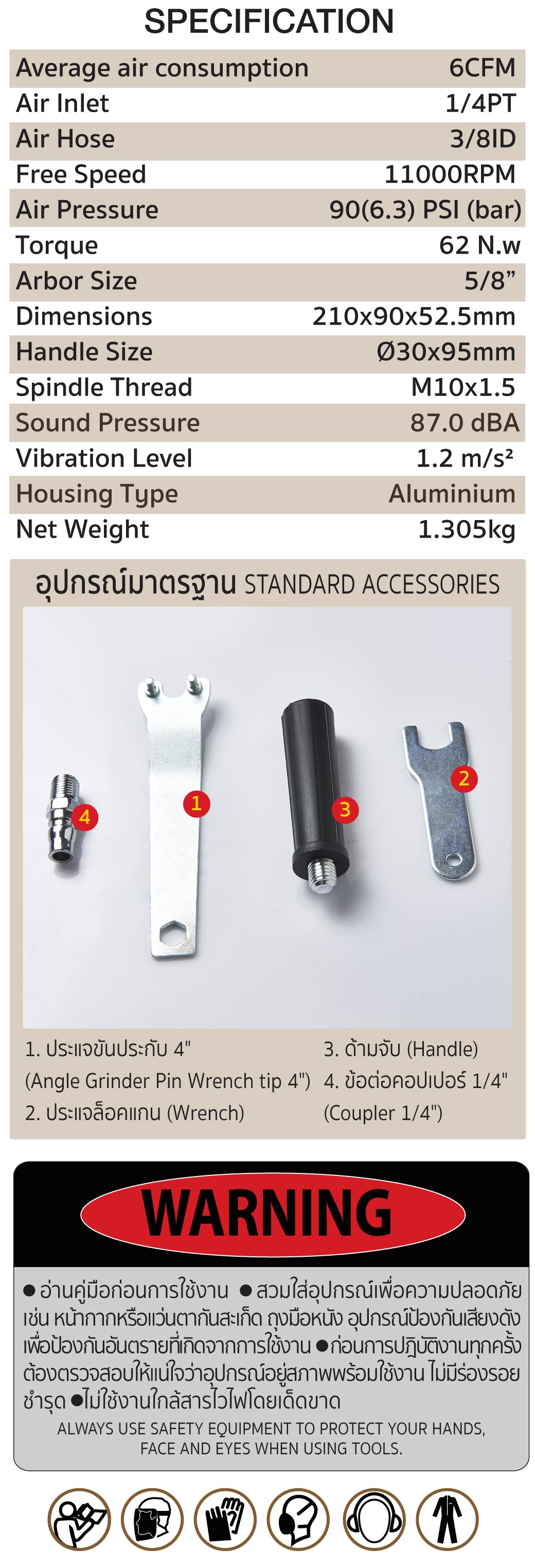 รายละเอียดผลิตภัณฑ์ เครื่องเจียรลม 4 นิ้ว รุ่น SGR-100 SUMO คุณภาพสูง แรงบิด 62 Nm ความเร็วรอบ 11000 RPM