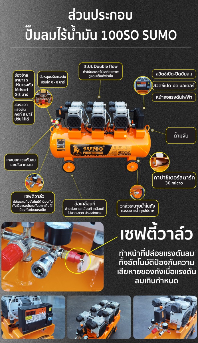 ส่วนประกอบของ ปั๊มลมไร้น้ำมัน 5.5HP 100 ลิตร