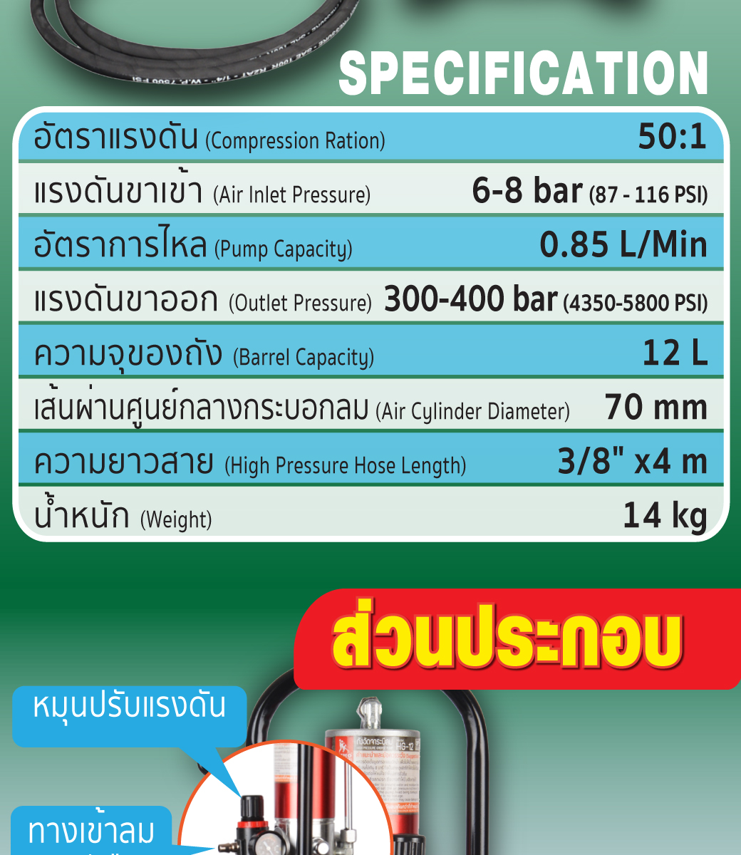 คุณสมบัติ เครื่องอัดจาระบีลม รุ่น HG-12 SUMO