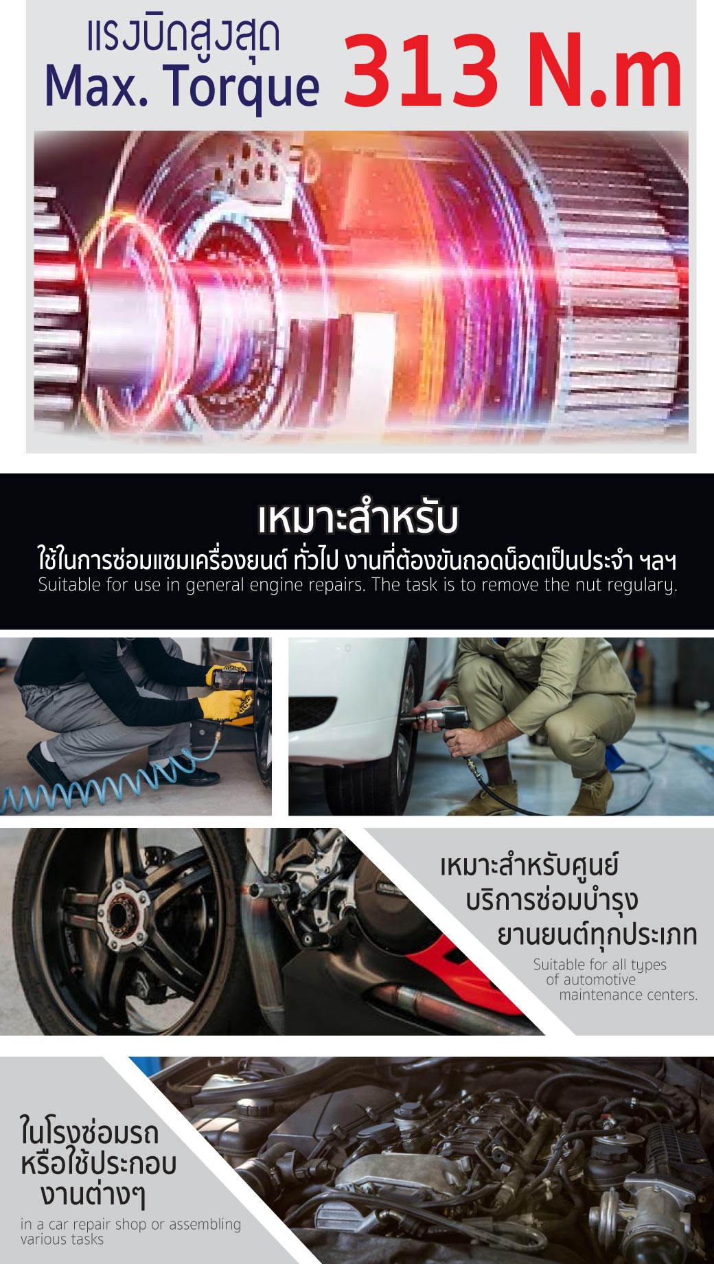 บล็อกลมค้อนเดี่ยว 1/2 นิ้ว 4 หุน รุ่น HS04K SUMO บล็อกลมไฟฟ้าระบบค้อนเดี่ยว แรงบิด 313 N.m