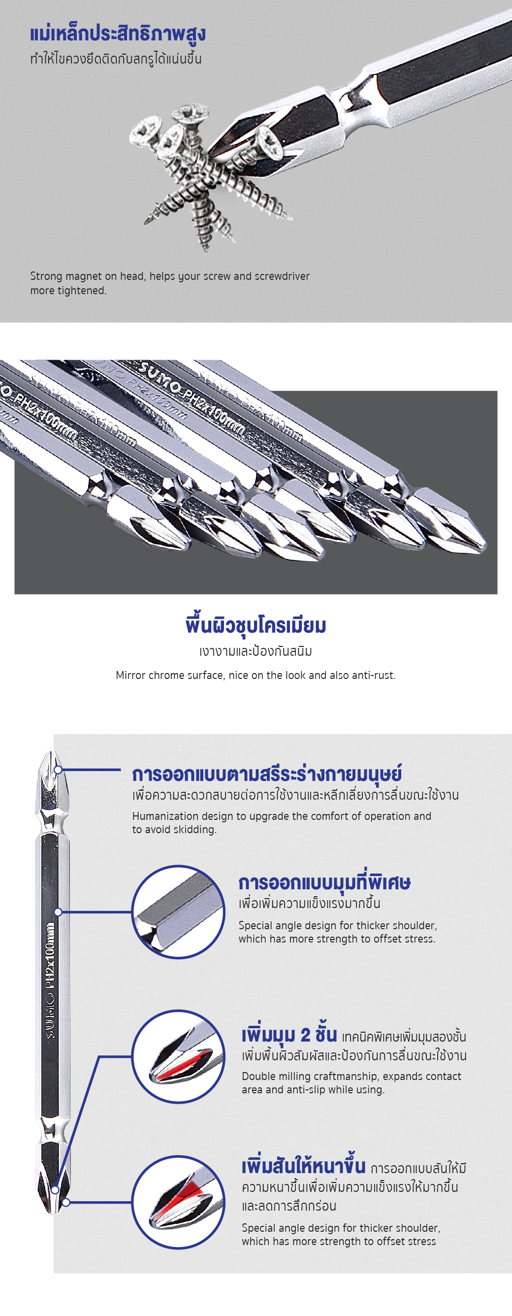 ดอกไขควงลม ขนาด 1/4 นิ้ว ยาว 100 มม. แบบ PH2xPH2 (2 หัว) รุ่น H1/4x100LxPH2xPH2 ยี่ห้อ SUMO ไขควง มาพร้อมแม่เหล็ก ดูด สกรู
