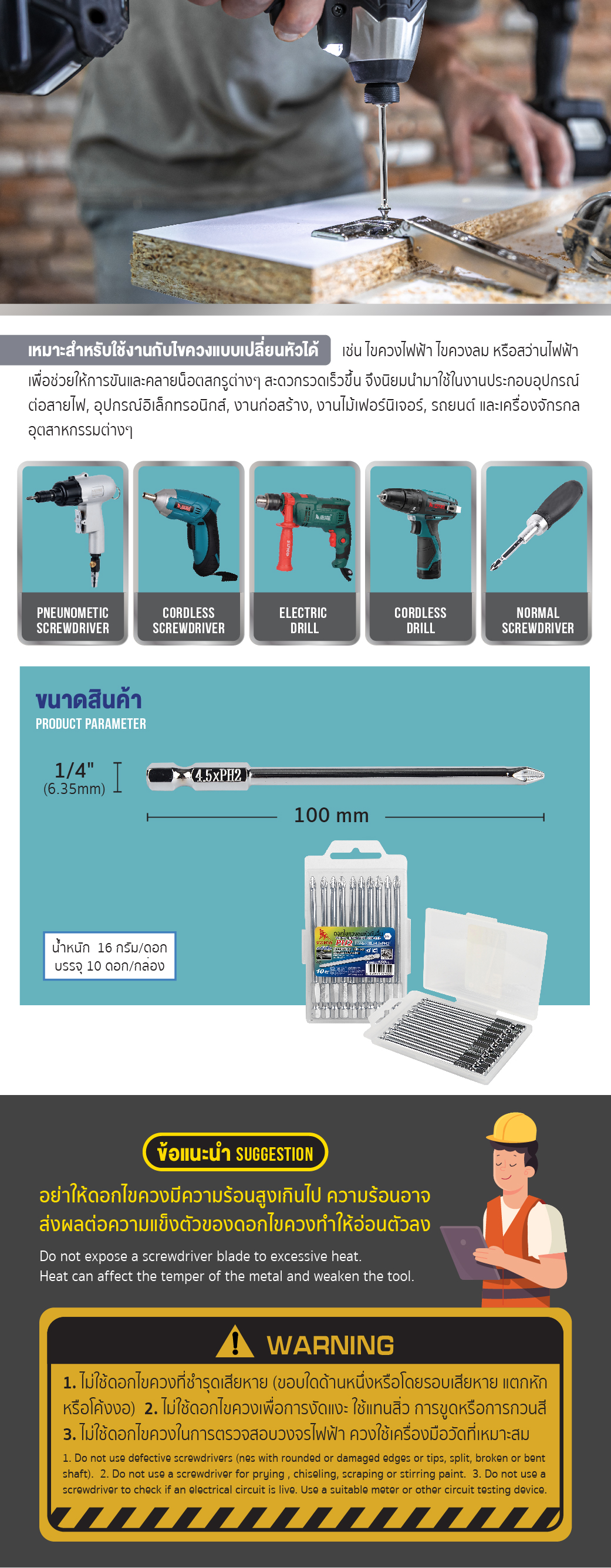 การใช้งาน ดอกไขควง 2 หัว PH2xPH2 100 มม. รุ่น H1/4x100LxPH2xPH2 ยี่ห้อ SUMO 