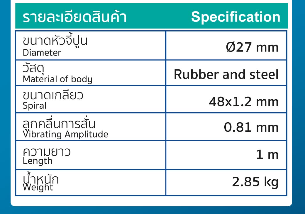 ตารางข้อมูลทางเทคนิคของ สายจี้ปูน 27 มม. ยาว 1 เมตร รุ่น 912710 SUMO