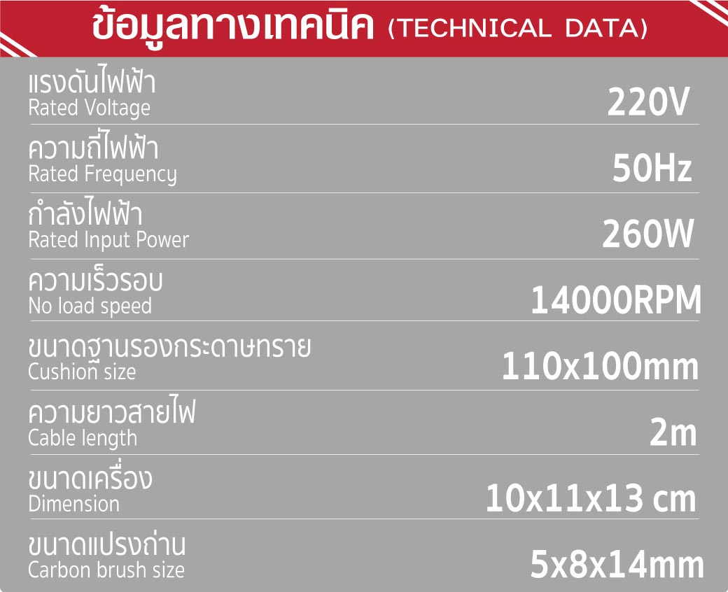 ตารางข้อมูลทางเทคนิค ของ เครื่องขัดกระดาษทราย แบบเหลี่ยม รุ่น 4025 SUMO