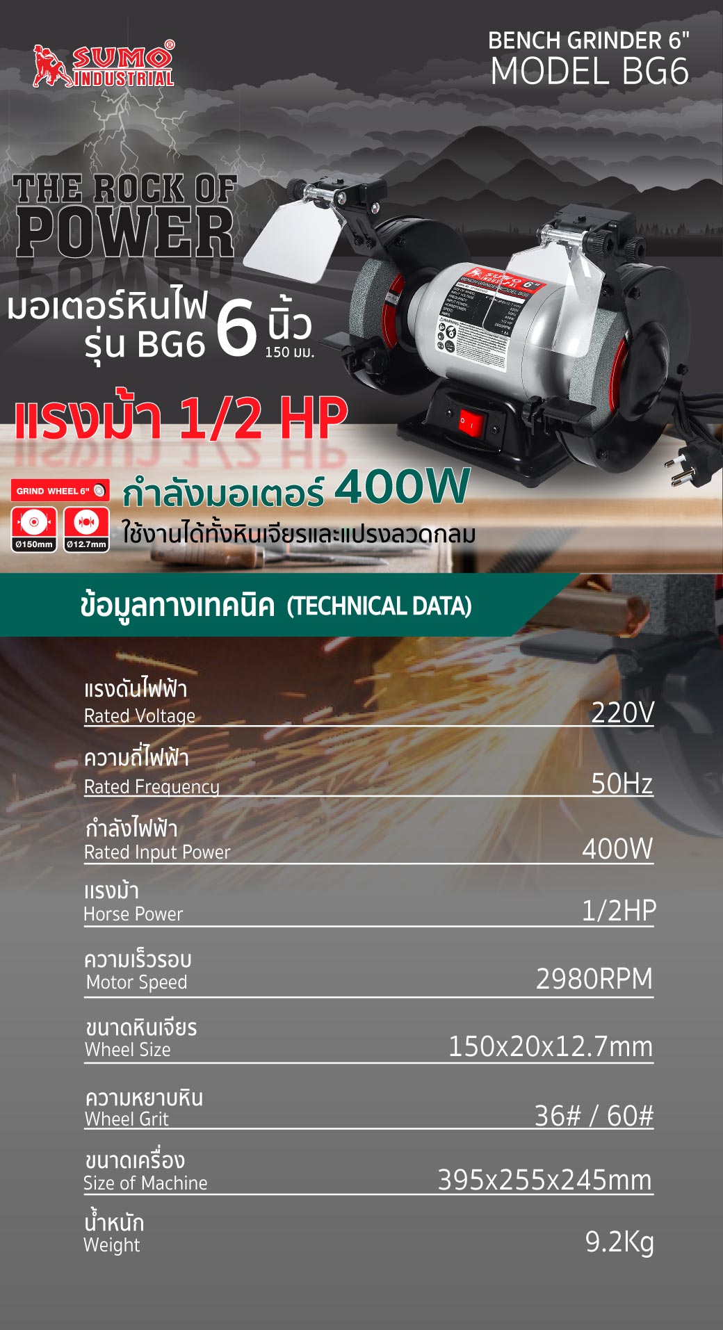 มอเตอร์หินไฟ 6 นิ้ว SUMO รุ่น BG6 400W