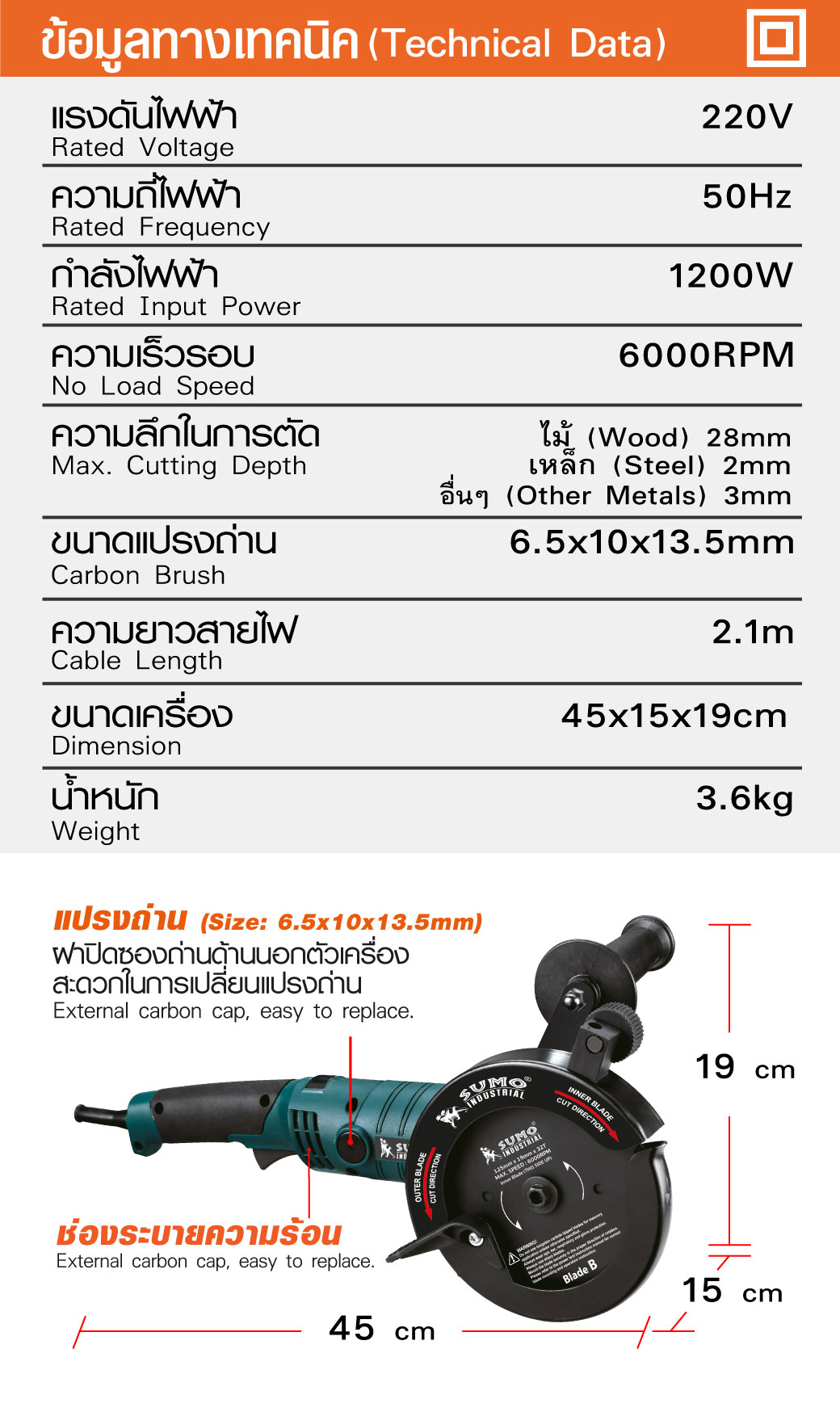 เครื่องเลื่อยไฟฟ้า ใบมีดคู่ 5 นิ้ว รุ่น TC1255 SUMO ข้อมูลทางเทคนิค