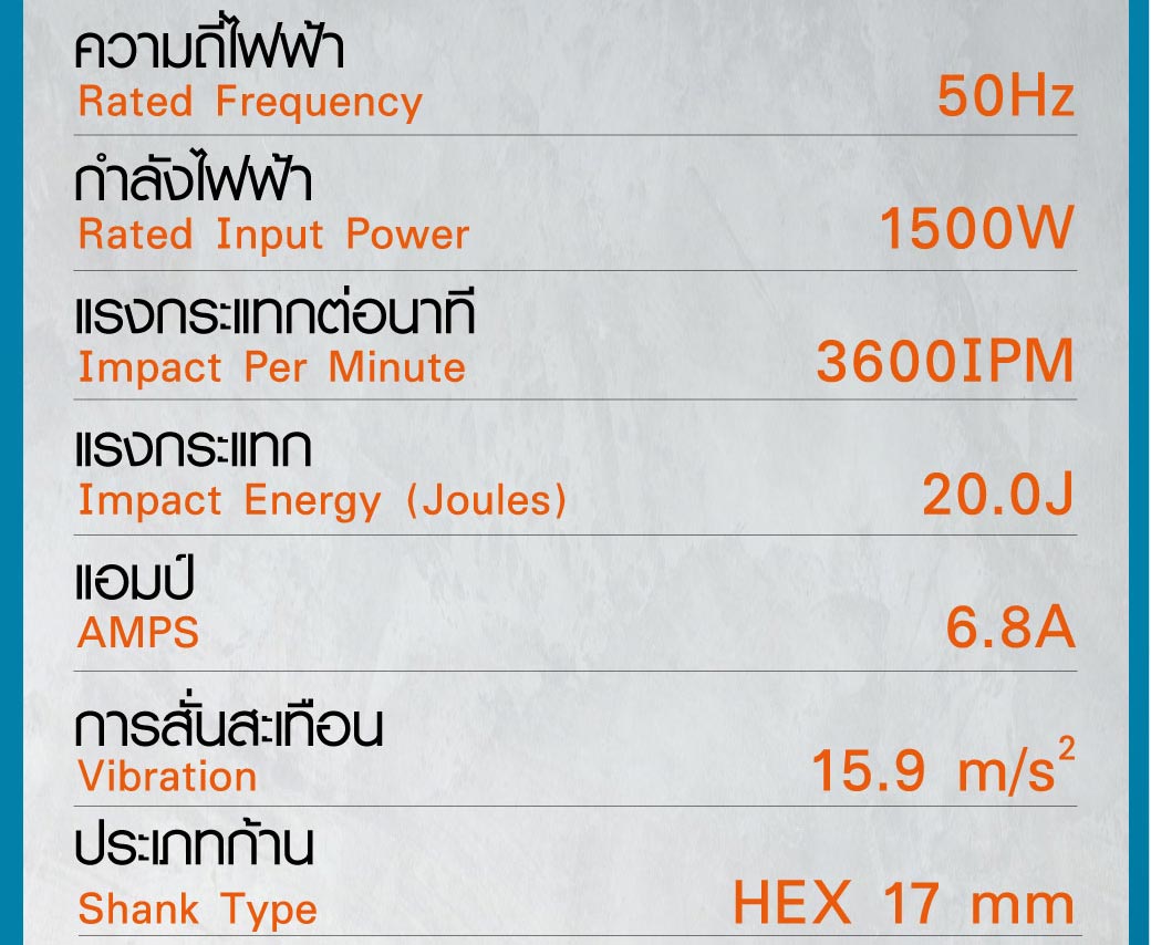 ตารางข้อมูลทางเทคนิค เครื่องสกัดไฟฟ้า รุ่น DM20 SUMO
