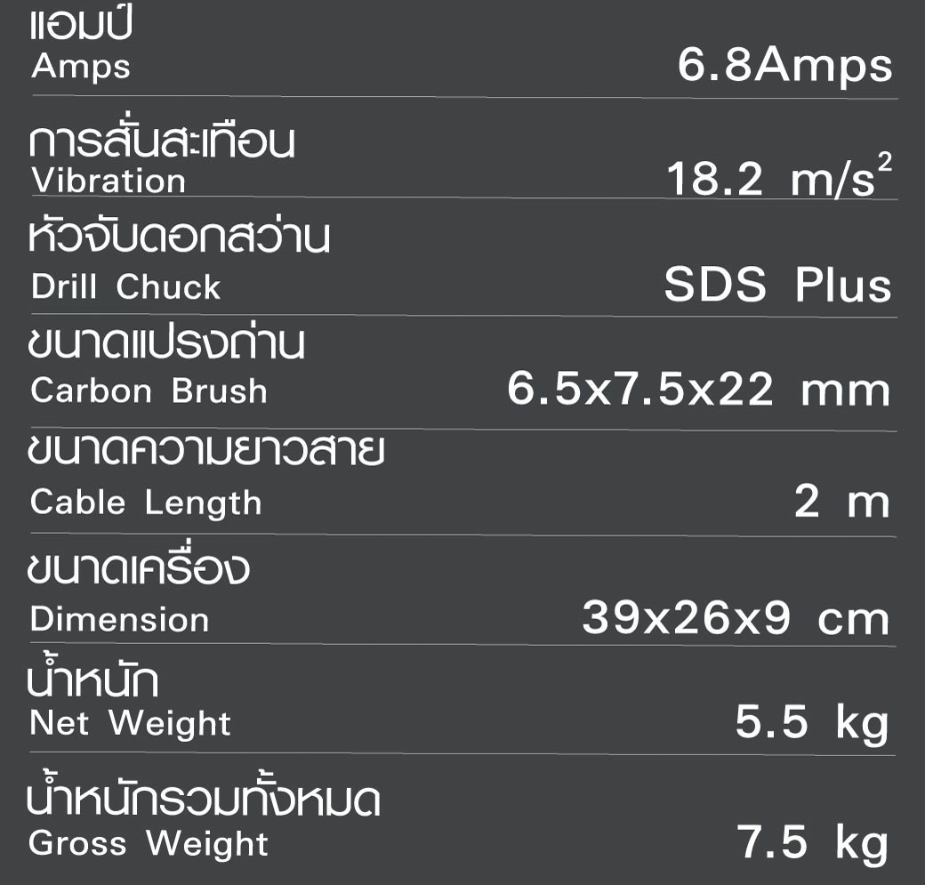 ตารางข้อมูลทางเทคนิคของ สว่านไฟฟ้าโรตารี่ รุ่น RH32-6 SUMO