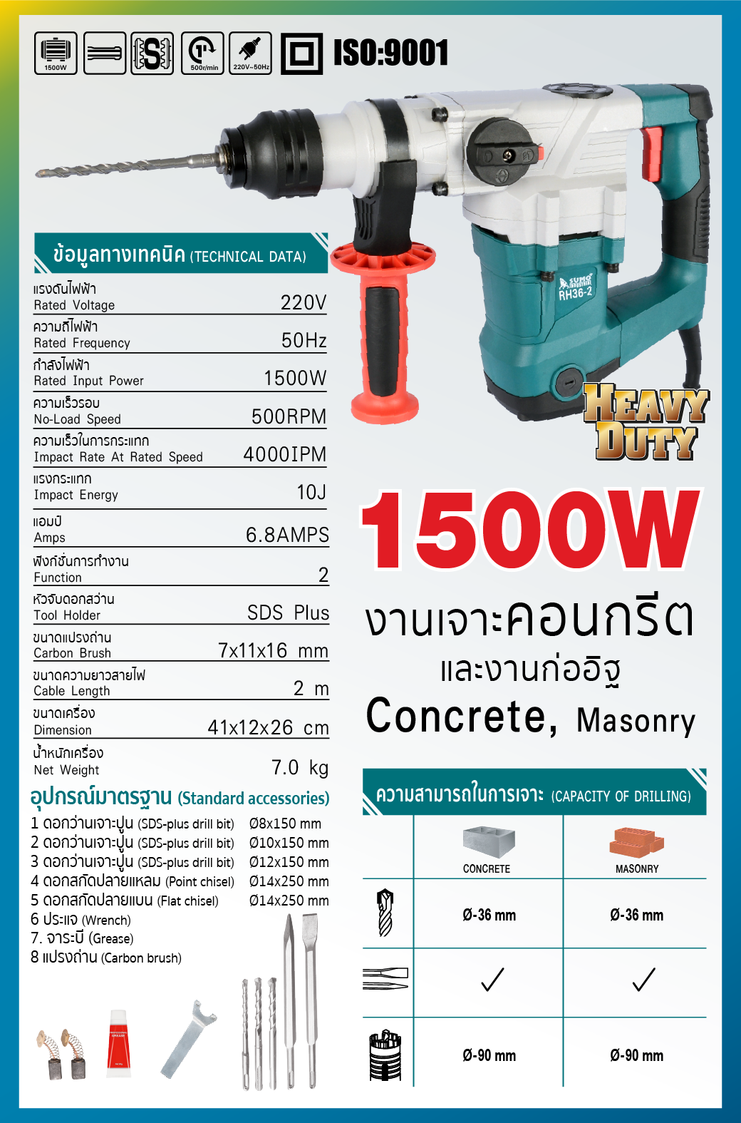 ข้อมูลทางเทคนิค สว่านโรตารี่ 10 จูล รุ่น RH36-2 SUMO 