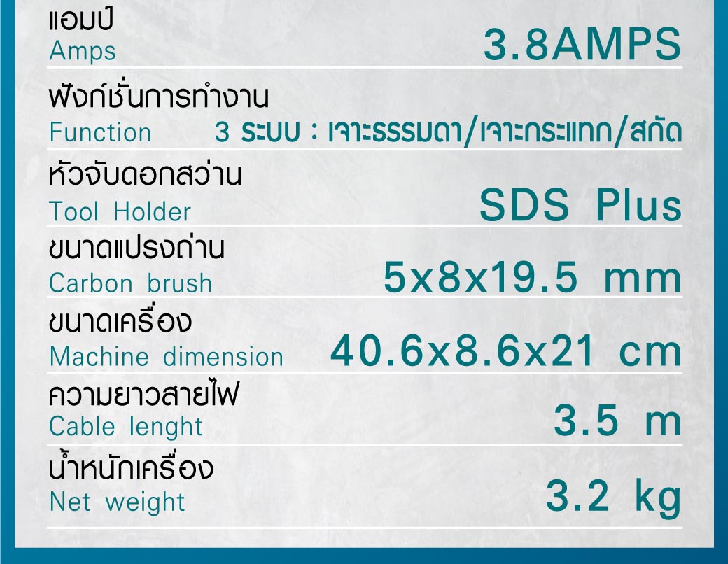 ตาราง ข้อมูลทางเทคนิค สว่านโรตารี่ 28 มม. ระบบ SDS plus รุ่น RH628 SUMO