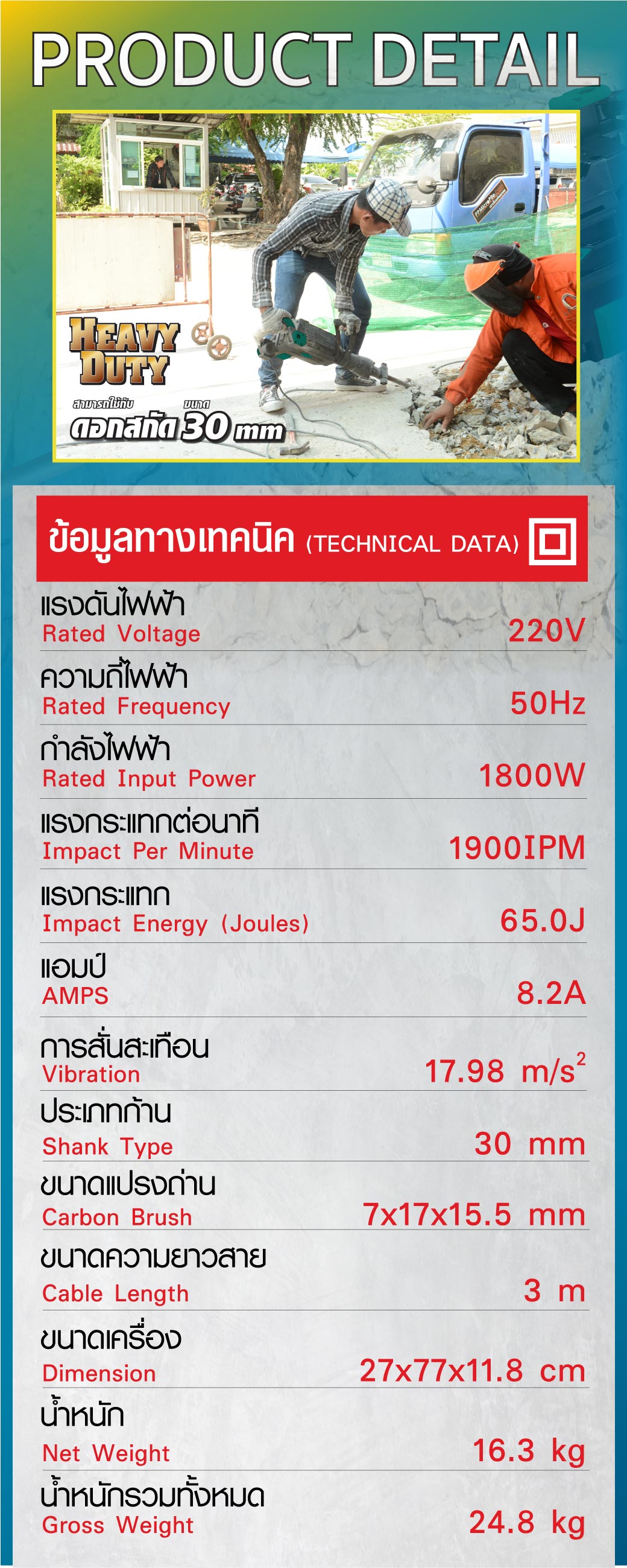 ตาราง ข้อมูลทางเทคนิค เครื่องสกัดทำลาย 65 จูล รุ่น T85 SUMO 
