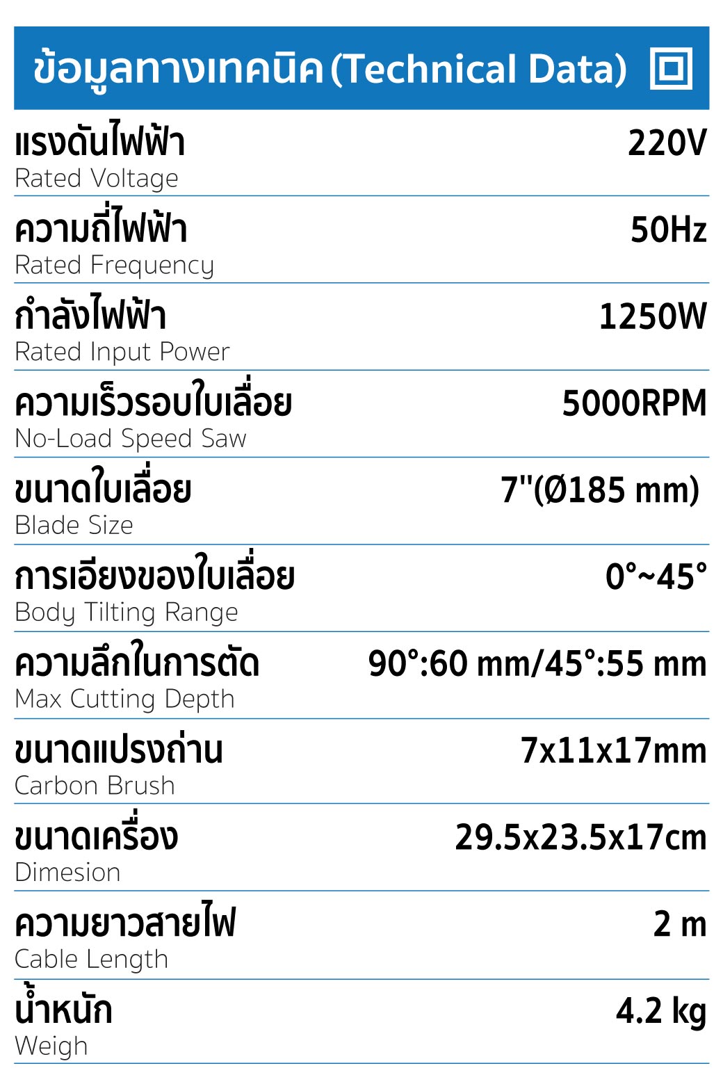 ตารางข้อมูลทางเทคนิค เครื่องเลื่อยวงเดือน 7 นิ้ว SUMO รุ่น 2711