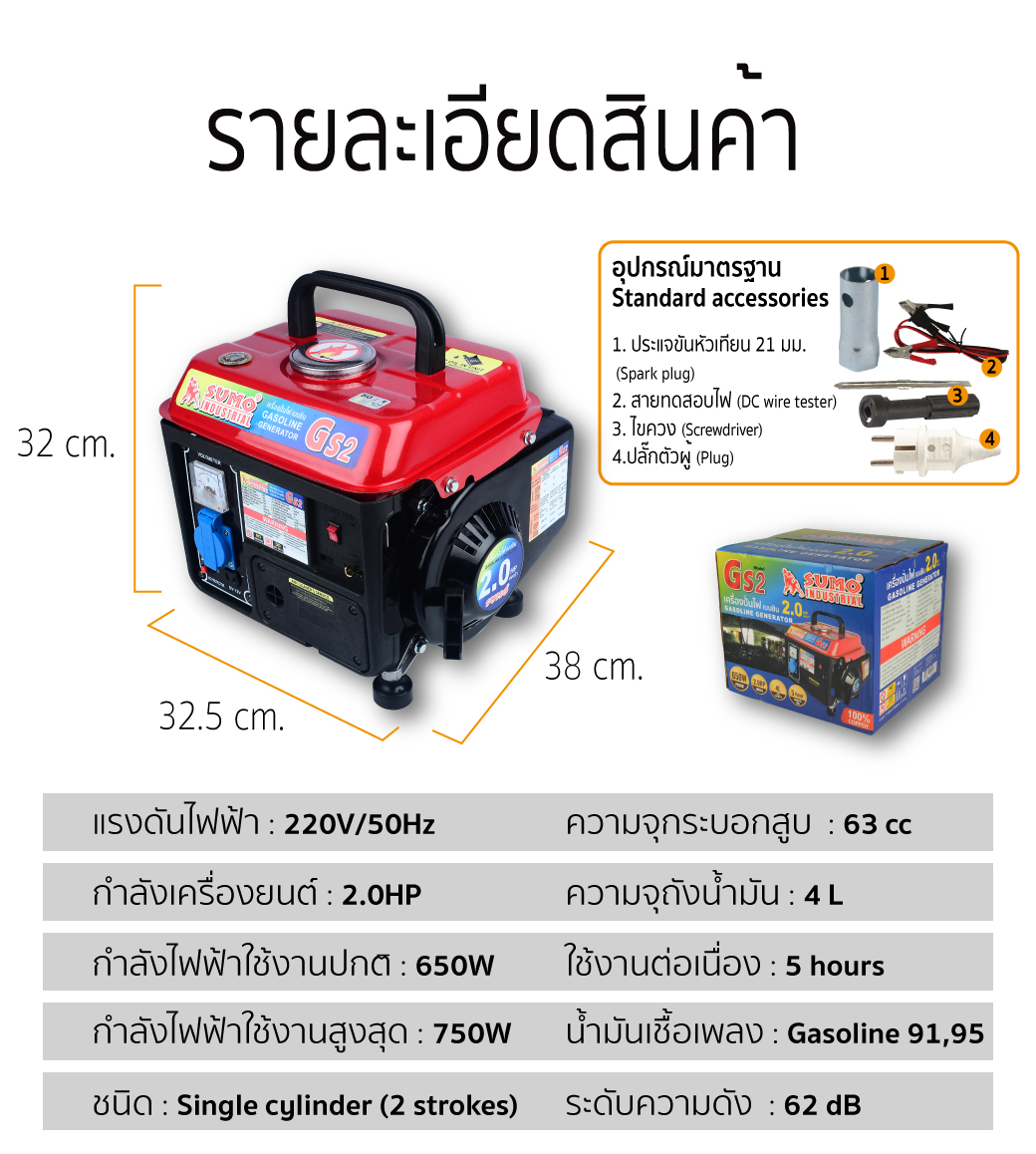 รายละเอียดสินค้า เครื่องปั่นไฟขนาดเล็ก 220V รุ่น GS2 SUMO