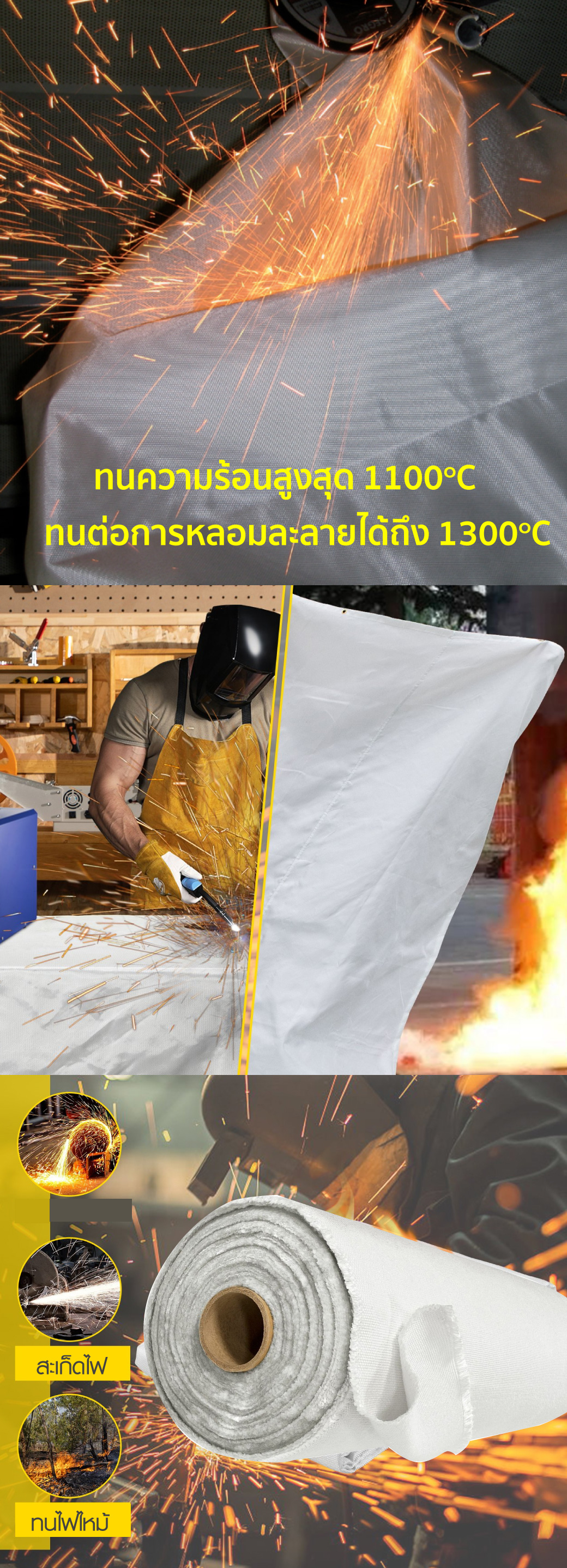 ผ้ากันสะเก็ดไฟเชื่อม 1100 องศาเซลเซียส YAMADA ผลิตจากไฟเบอร์กลาส หนา 1.3 มม. ขนาด 86x5000 ซม.
