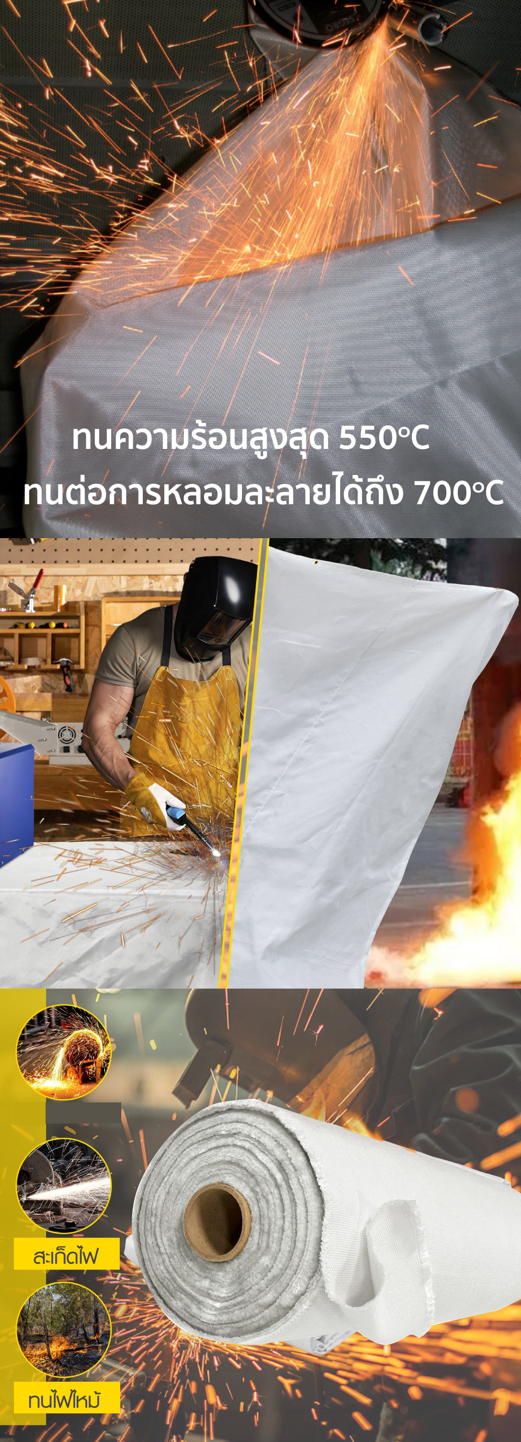 ผ้ากันสะเก็ดไฟ 550 องศา YAMADA ขนาด 0.8mmx1mx50m ผ้ากันไฟ เชื่อม