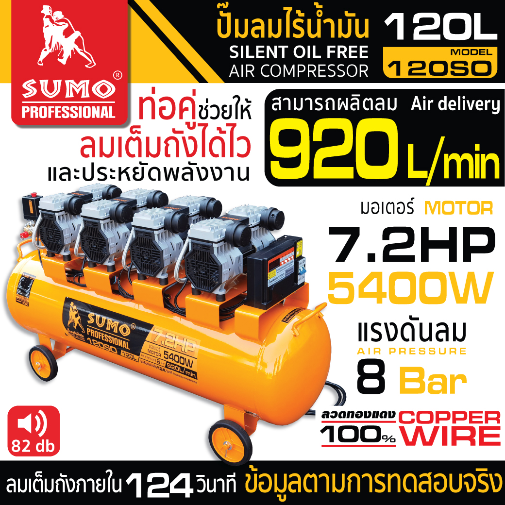 ปั๊มลมไร้น้ำมัน 7.2HP 120 ลิตร ปั๊มลมไร้น้ำมัน