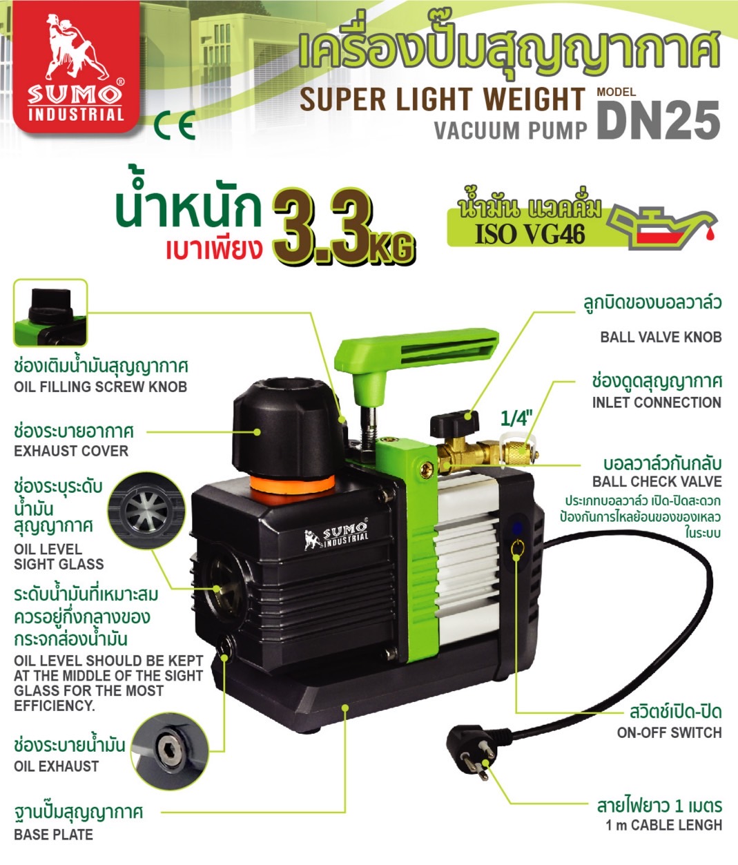รายละเอียดสินค้า เครื่อง ปั๊มสุญญากาศ รุ่น DN25 SUMO ช่วงดูด 2 ชั้น dual stage