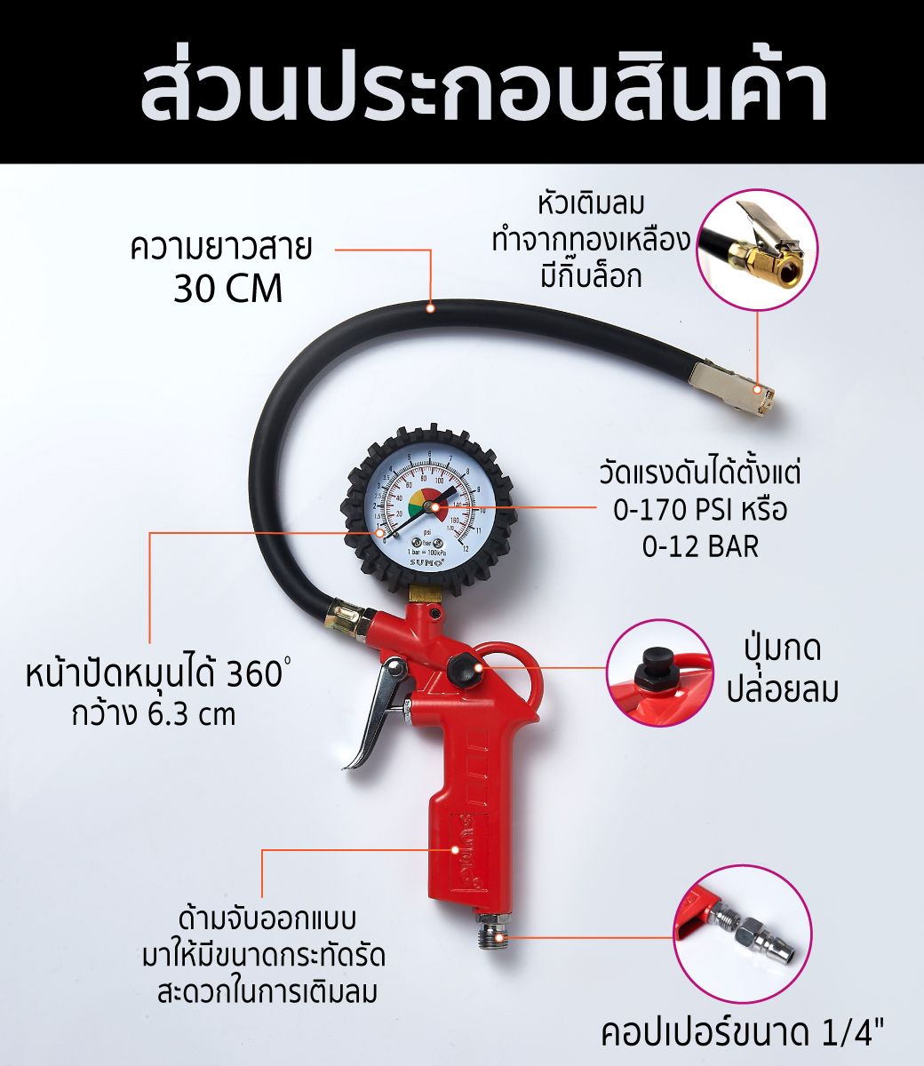 ส่วนประกอบของ เกจวัดลมพร้อมหัวเติมลม รุ่น TG-6 SUMO ราคาถูก