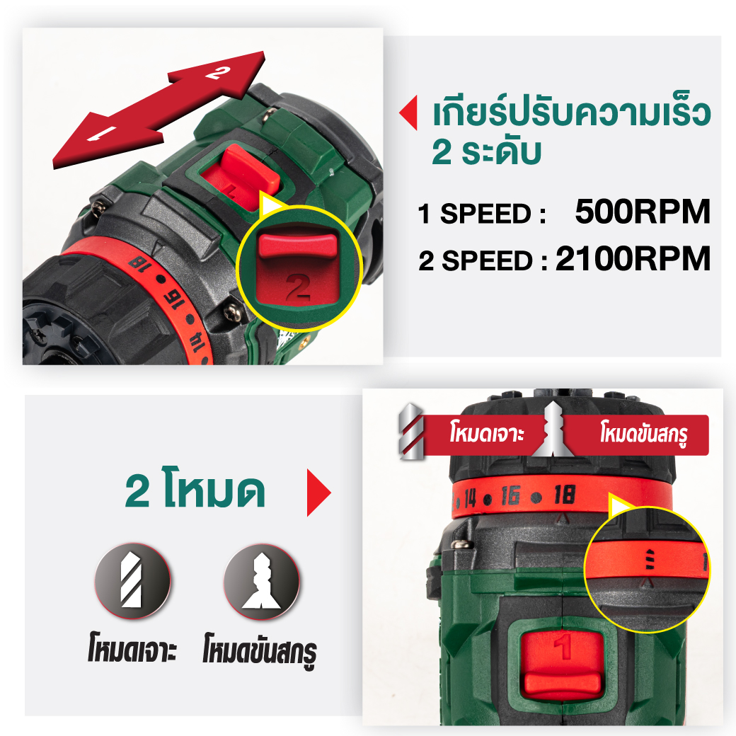 สว่านไขควงไร้สาย รุ่น MU1646 SUMO ปรับได้ 2 เกียร์ และปรับได้ 20 โหมด