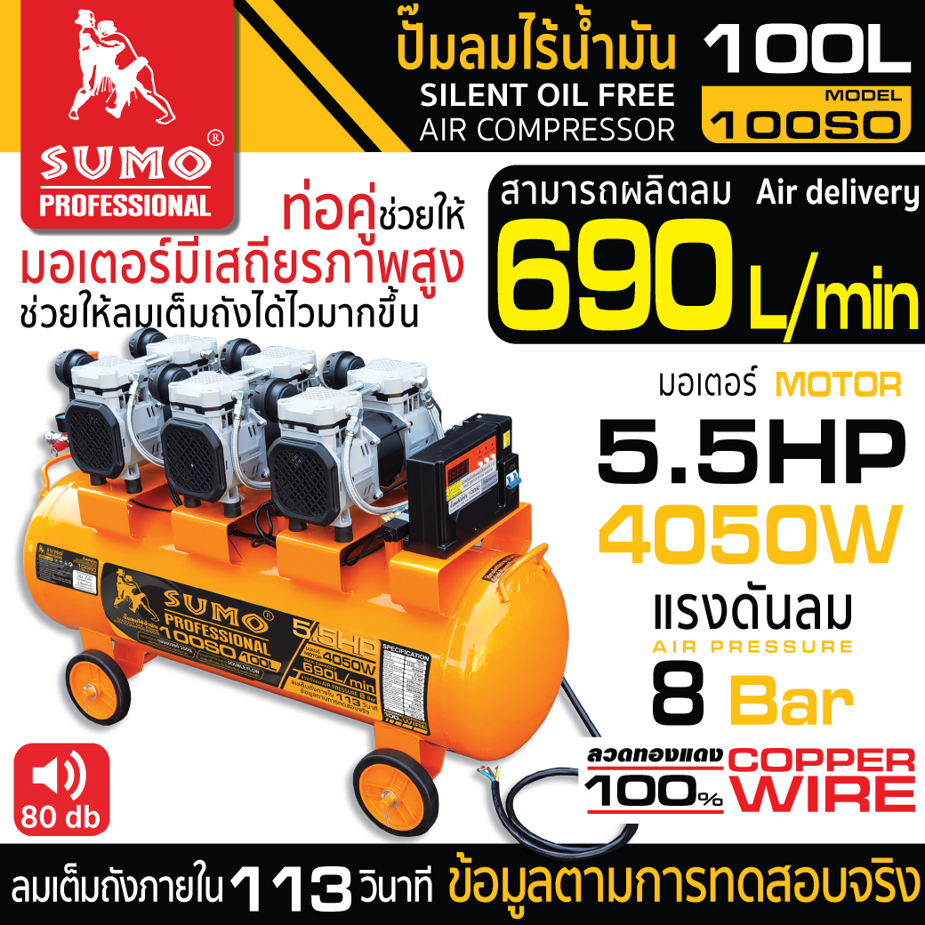 ปั๊มลมไร้น้ำมัน 5.5HP 100 ลิตร ปั๊มลม oil free