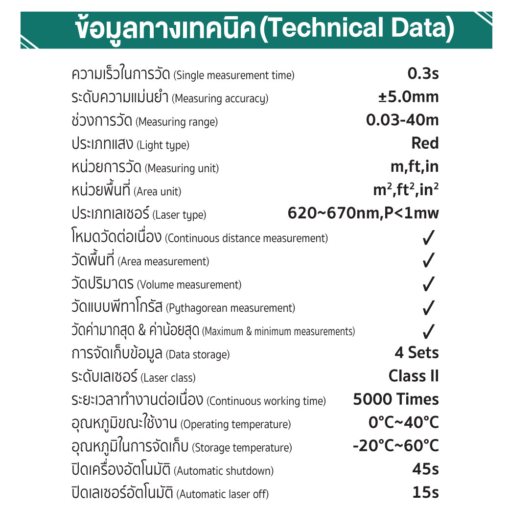 ข้อมูลทางเทคนิคของ เครื่องเลเซอร์วัดระยะ รุ่น S40 SUMO