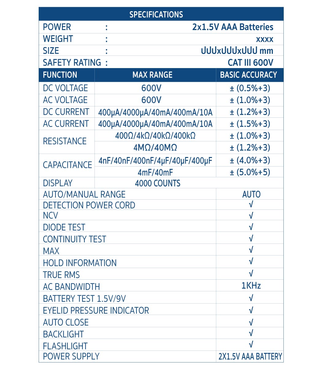 มัลติมิเตอร์แบบดิจิตอล รุ่น DT-930 SUMO ตารางข้อมูลทางเทคนิค