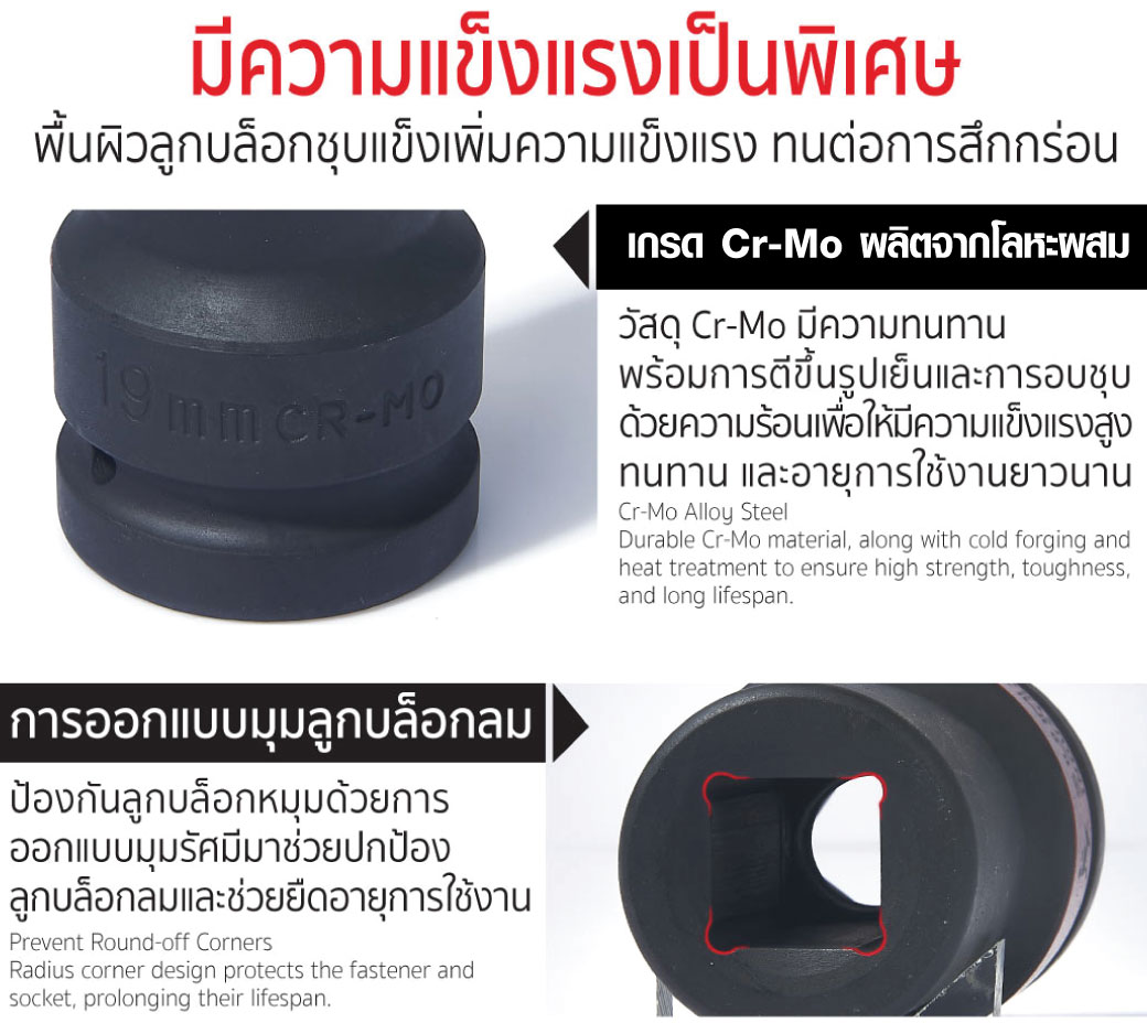 รายละเอียดสินค้า ลูกบล็อกลม 4 เหลี่ยม 1 นิ้ว 19 มม. เกรด Cr-Mo